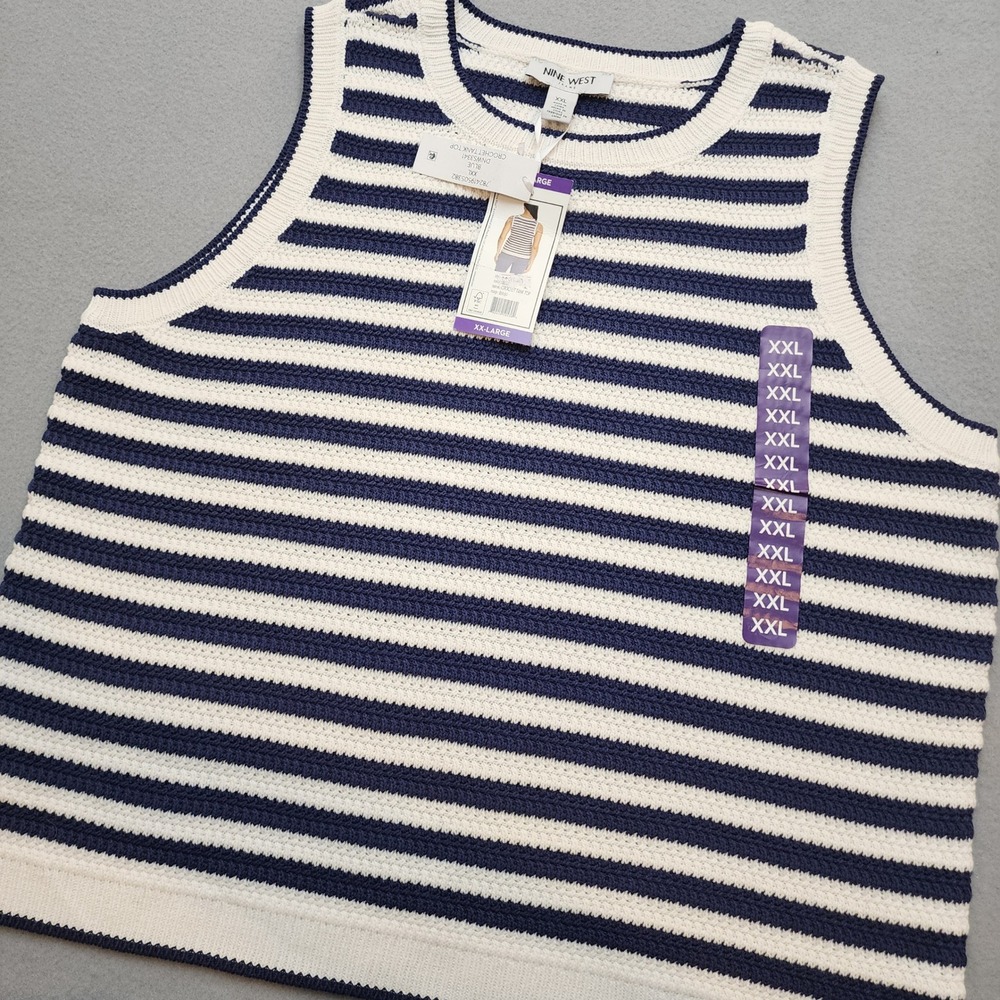 Nine West Jeans Women XXL Crochet Tank Top Blue White Striped Sleeveless Coastal